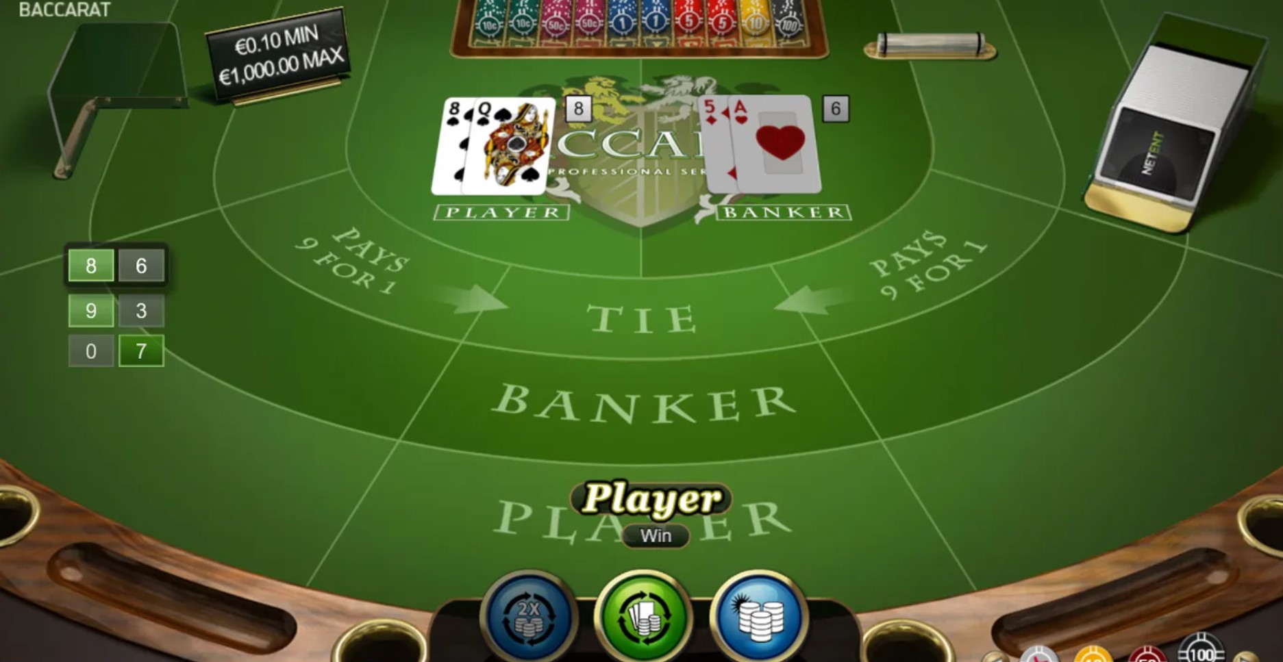 What are the probabilities of winning with different types of baccarat bets